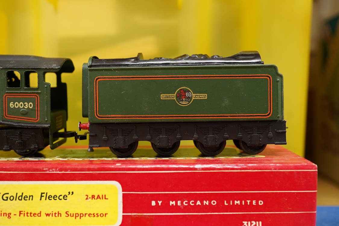 A collection of Hornby Dublo for 2 rail running, including; a boxed BR class A4 4-6-2, Golden Fleece 60030, (2211), together with three boxed bogie coaches and two wagons, plus four unboxed wagons, and a complete box set